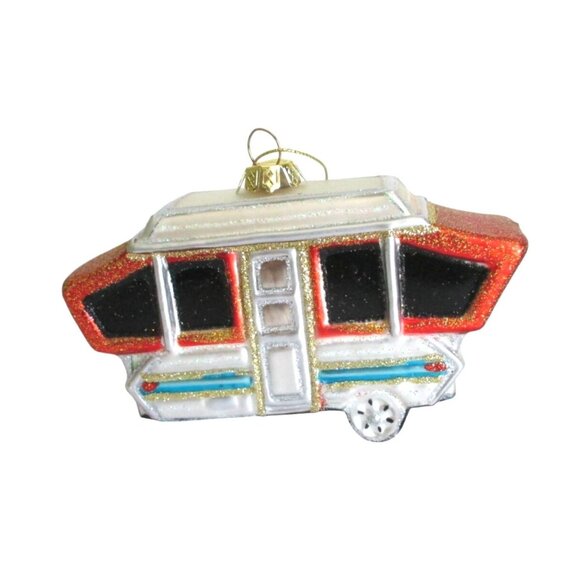 Retro Camper Glass Christmas Ornament Red & White With Gold Glitter Details - Picture 1 of 6